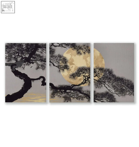 Three-panel wall art featuring a stylized black japanese pine tree silhouette with a golden-yellow moon on gray background