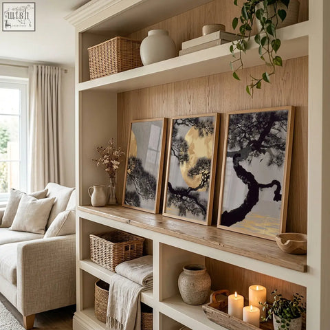 Set of 3 japanese pine tree wall art posters with golden black backgrounds in light wood frames for home decor