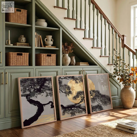 Three framed black and white japanese pine tree wall art prints with one featuring a large yellow moon leaning on a green cabinet