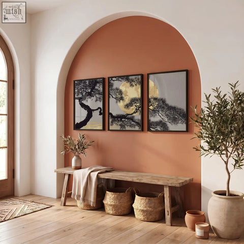 Three framed wall art prints of japanese pine tree silhouettes against full moon on orange wall perfect for decor