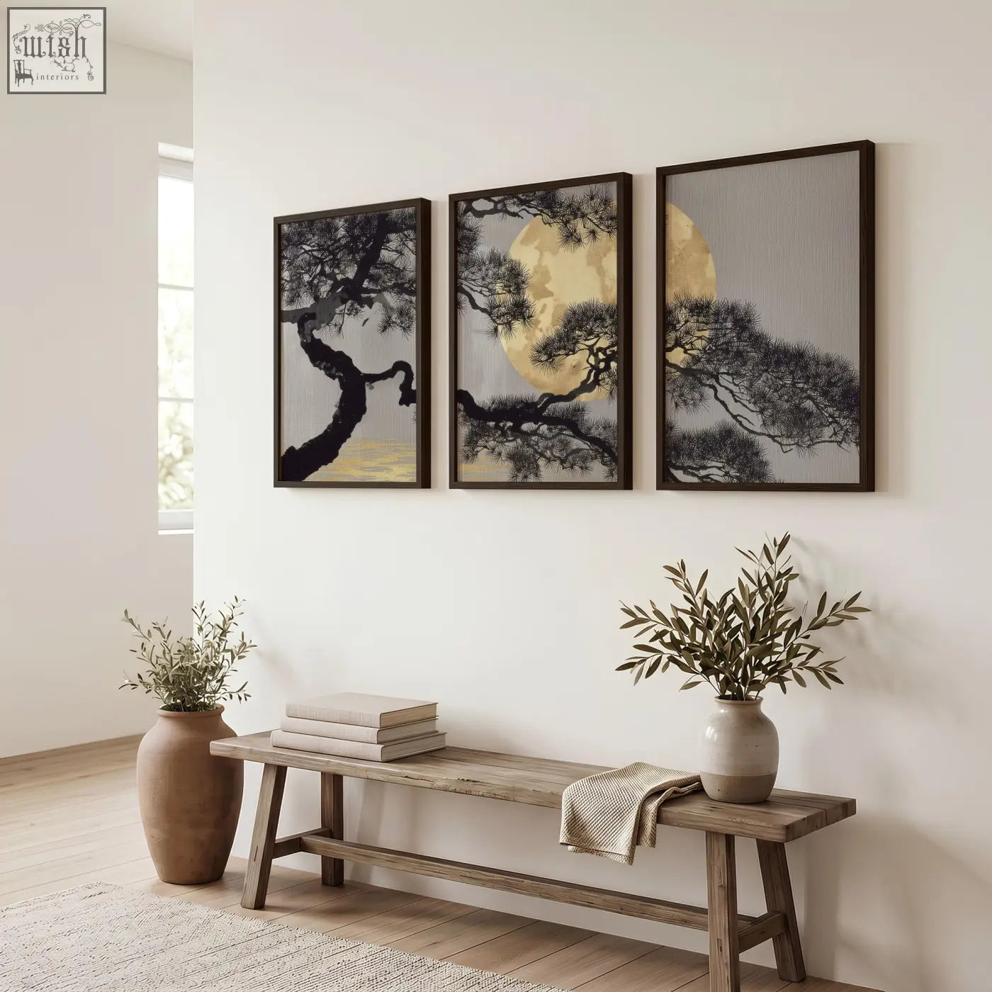 Three framed wall art prints of japanese pine tree silhouettes against golden moons in dark wooden frames