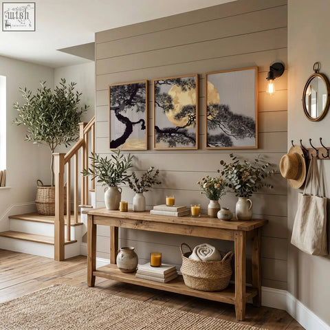 Rustic wooden console table with natural wood finish and visible grain paired with japanese pine tree wall art prints