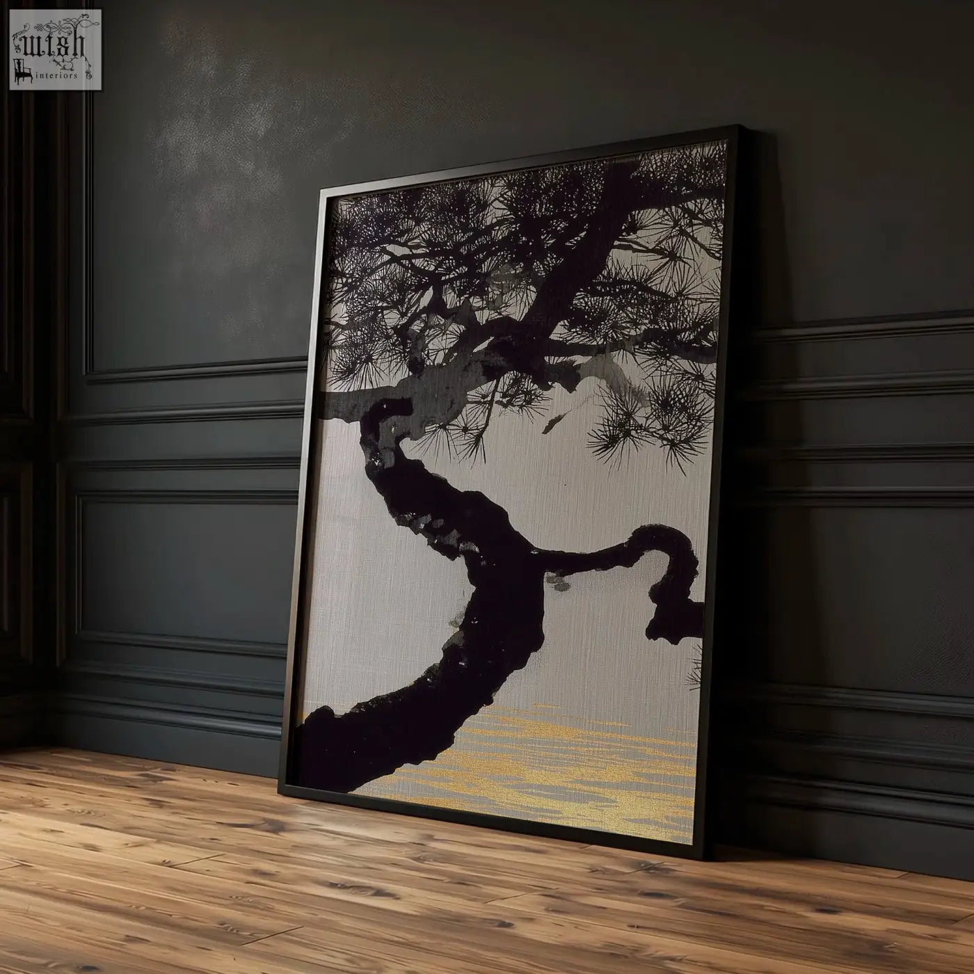 Black-framed minimalist wall art print featuring a stylized japanese pine tree with bold ink brushstrokes and gold bands