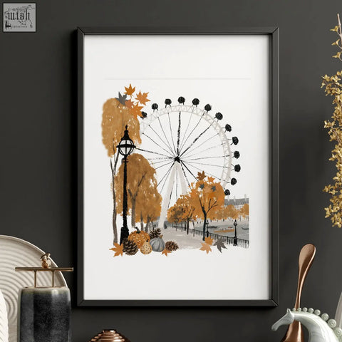 Black-framed art print of london england featuring the london eye big ben with autumn trees pumpkins and brown leaves