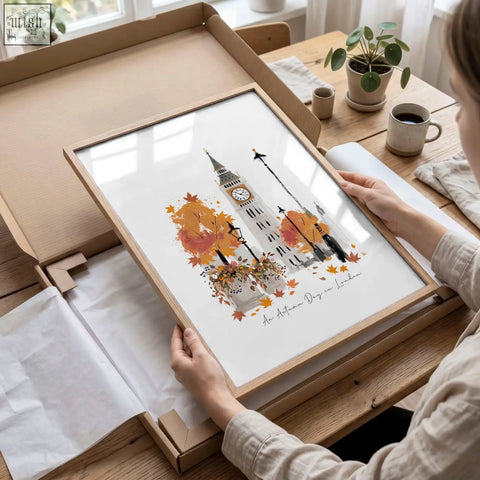 A framed watercolor art print of big ben with autumn leaves in warm hues perfect for london england wall decor