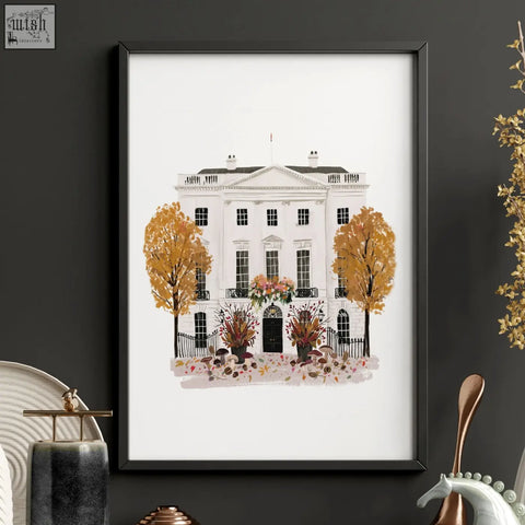 A framed watercolor art print of the white house with autumnal trees in london england wall art set featuring big ben