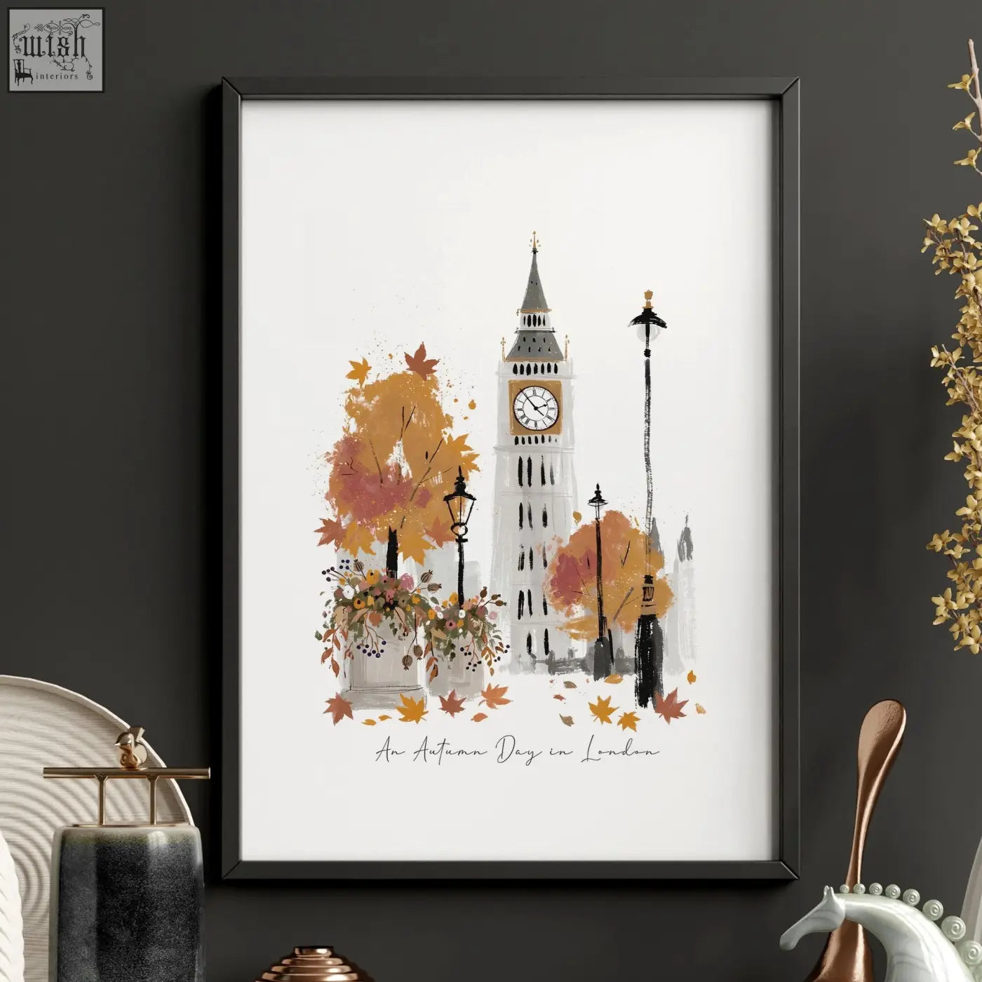 A framed watercolor art print of big ben and autumn trees in warm tones with text an autumn day in london england
