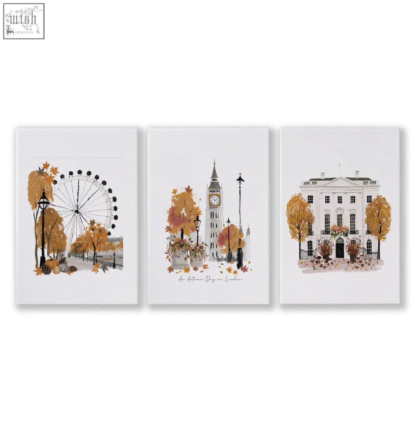 Set of three framed autumn-themed london england art prints featuring big ben and cityscape in warm orange and yellow tones