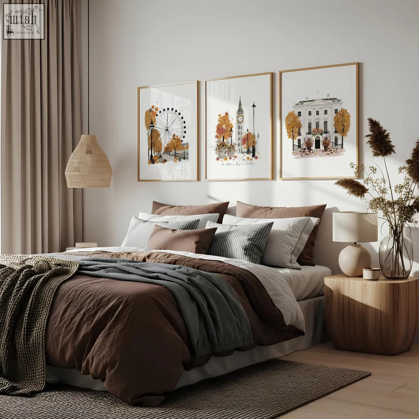 Brown and gray layered bedding set with textured knit throw blanket next to big ben london england art prints wall decor