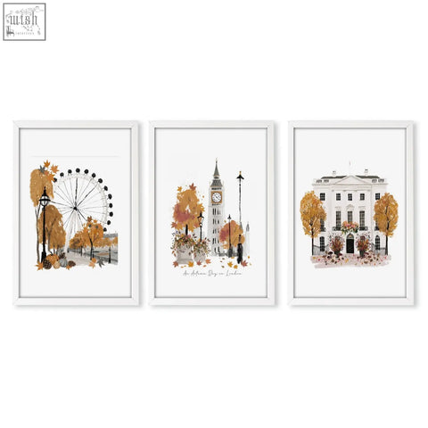 Set of three framed autumn art prints of london england featuring big ben ferris wheel and white house with golden trees
