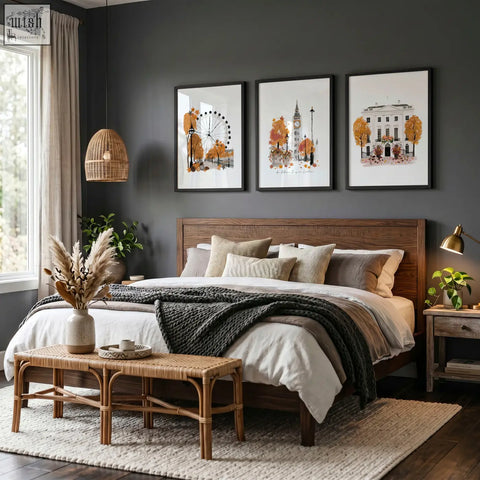 Dark gray wooden bed with woven rattan bench, neutral pillows, and dark green throw below big ben london england art prints