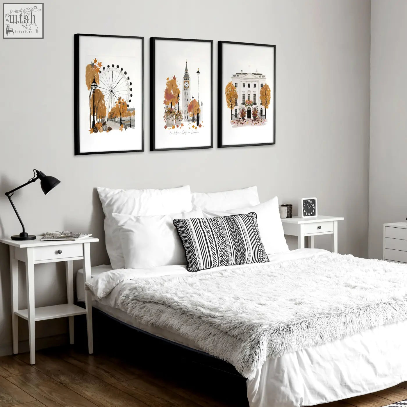 Set of three black-framed art prints featuring big ben and london england landmarks in autumn watercolor style