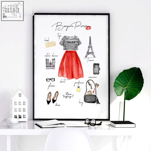 Black-framed bonjour paris poster with red skirt striped top and eiffel tower design perfect paris fashion posters wall art