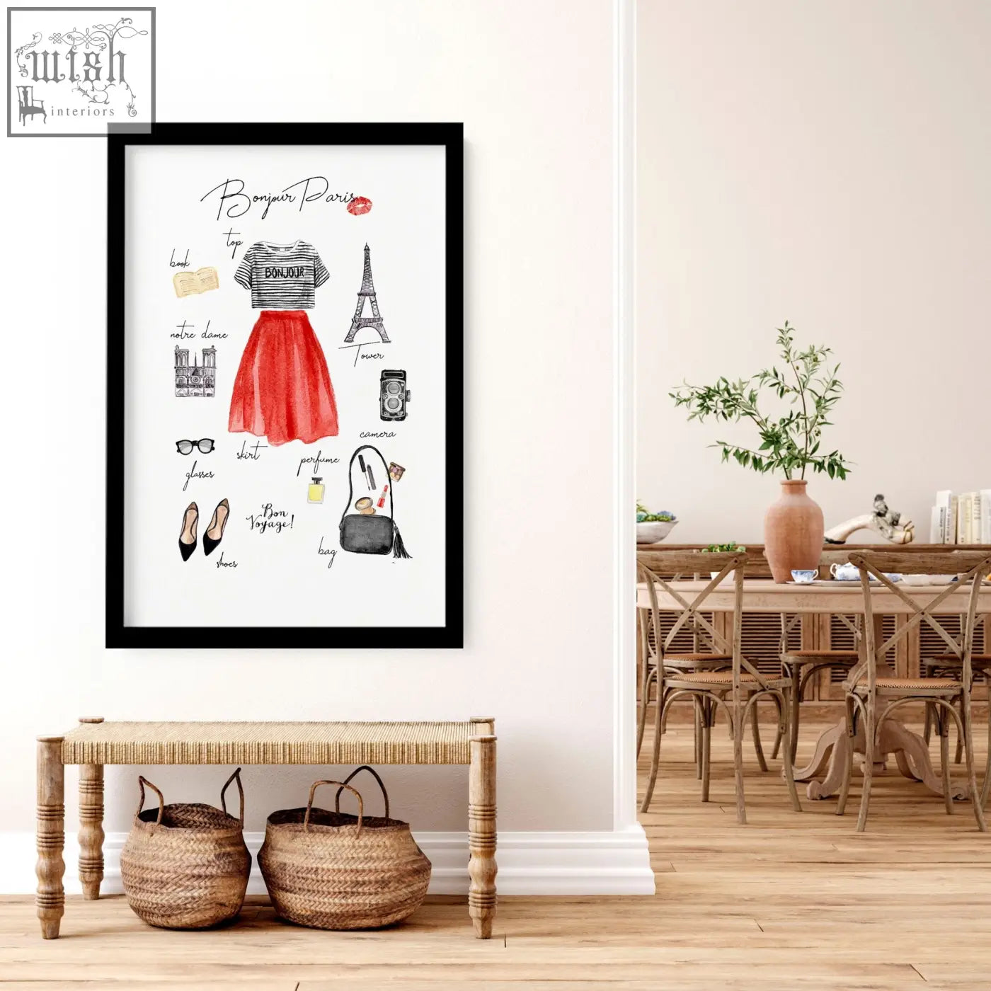 Black-framed bonjour paris wall art print with watercolor red skirt and eiffel tower in paris fashion posters style