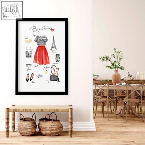 Black-framed bonjour paris wall art print with watercolor red skirt and eiffel tower in paris fashion posters style