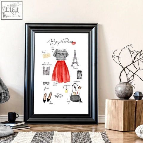 Black-framed bonjour paris fashion poster with red skirt striped top and french landmarks for posters travel paris fashion
