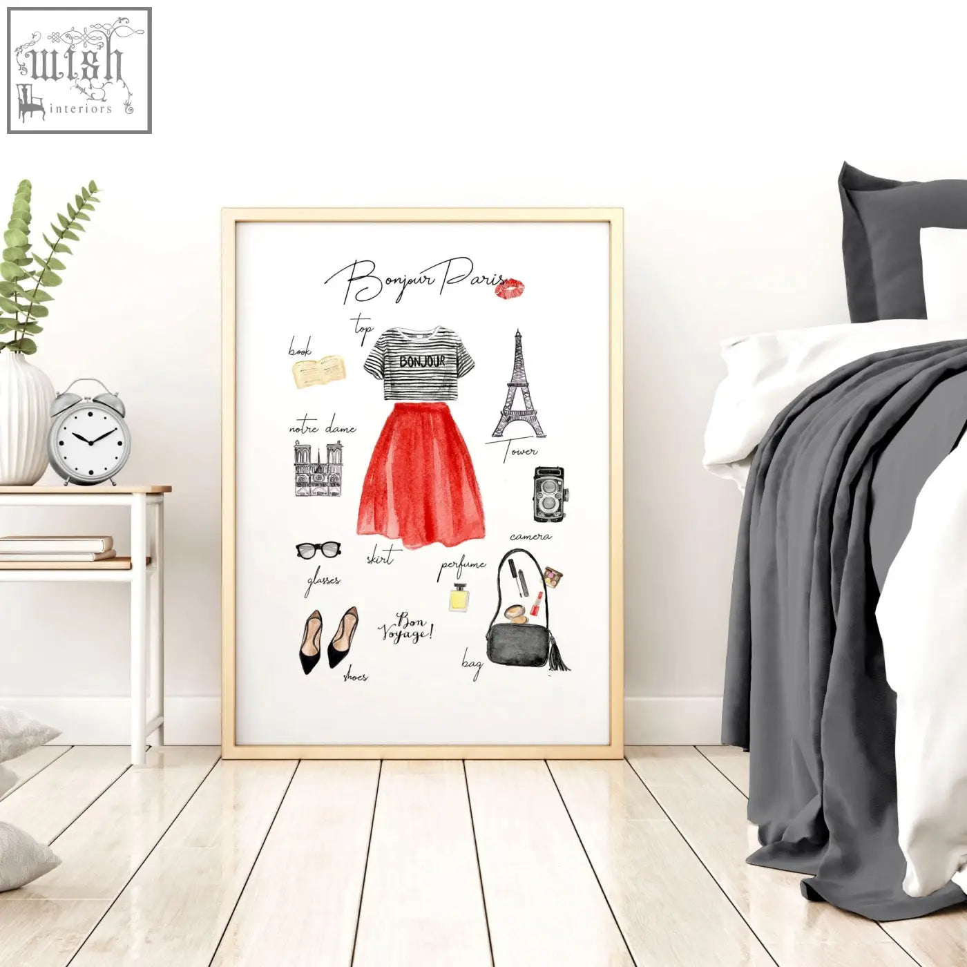 A framed watercolor illustration poster with paris fashion featuring a red skirt striped top and eiffel tower landmarks