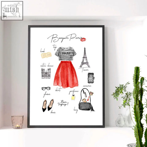 A vibrant red flowing skirt with a striped top and bonjour print featured in paris fashion posters travel wall art print