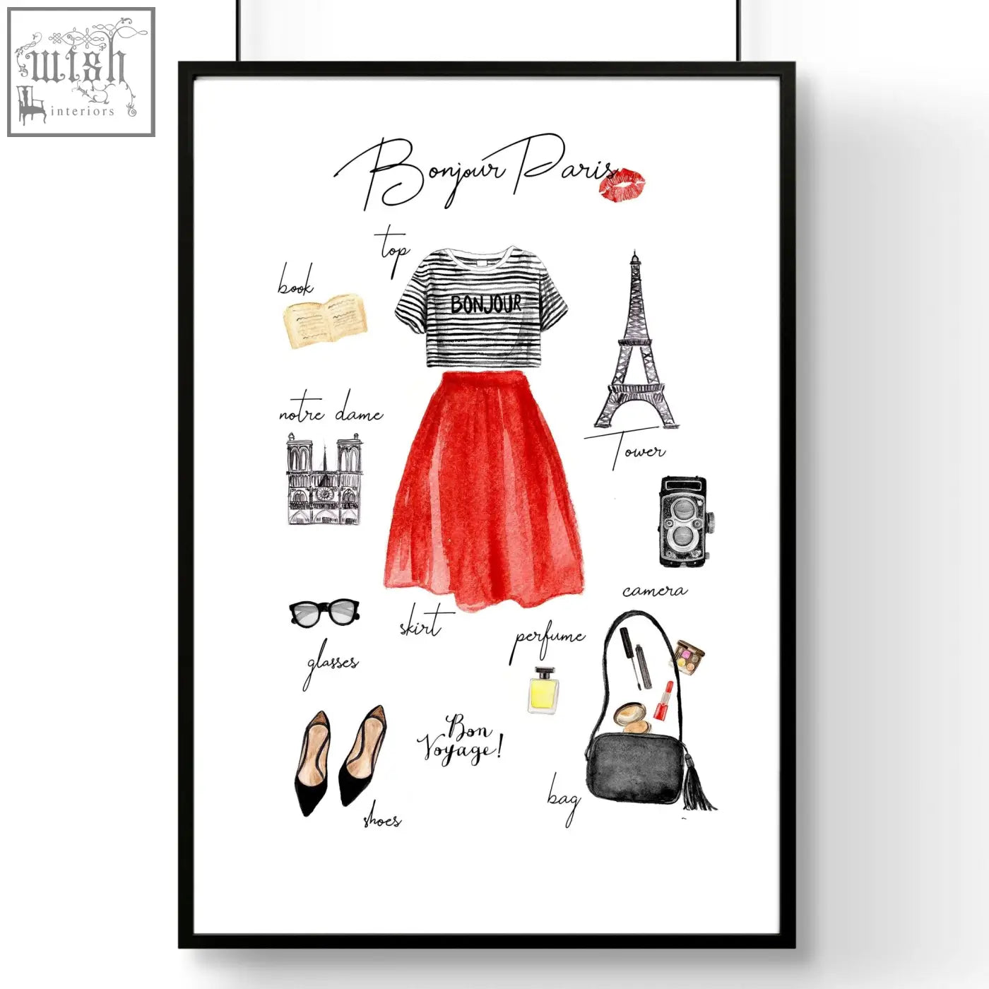 A vibrant red tulle skirt with flared silhouette paired with a black and white striped bonjour top in paris fashion posters
