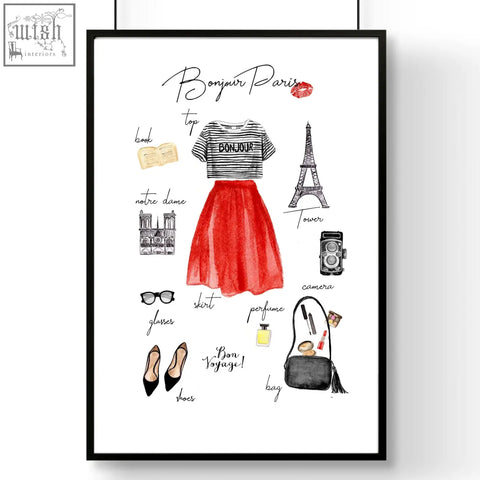 A vibrant red tulle skirt with flared silhouette paired with a black and white striped bonjour top in paris fashion posters