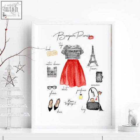 A watercolor wall art print featuring a red skirt striped top and bonjour text perfect for paris fashion posters travel decor