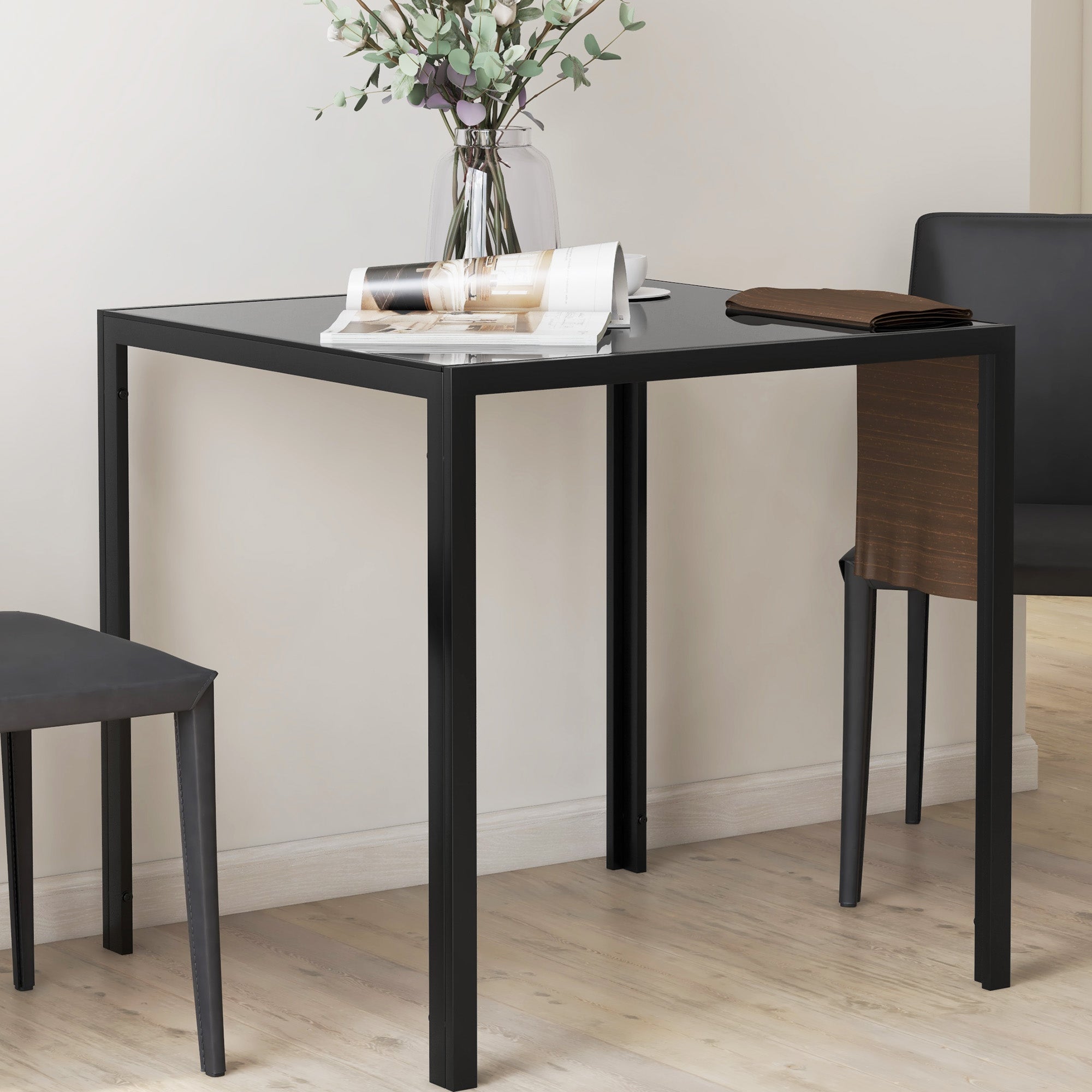 HOMCOM Modern Square Dining Table for 2-4 People, with Glass Top & Metal Legs, Black