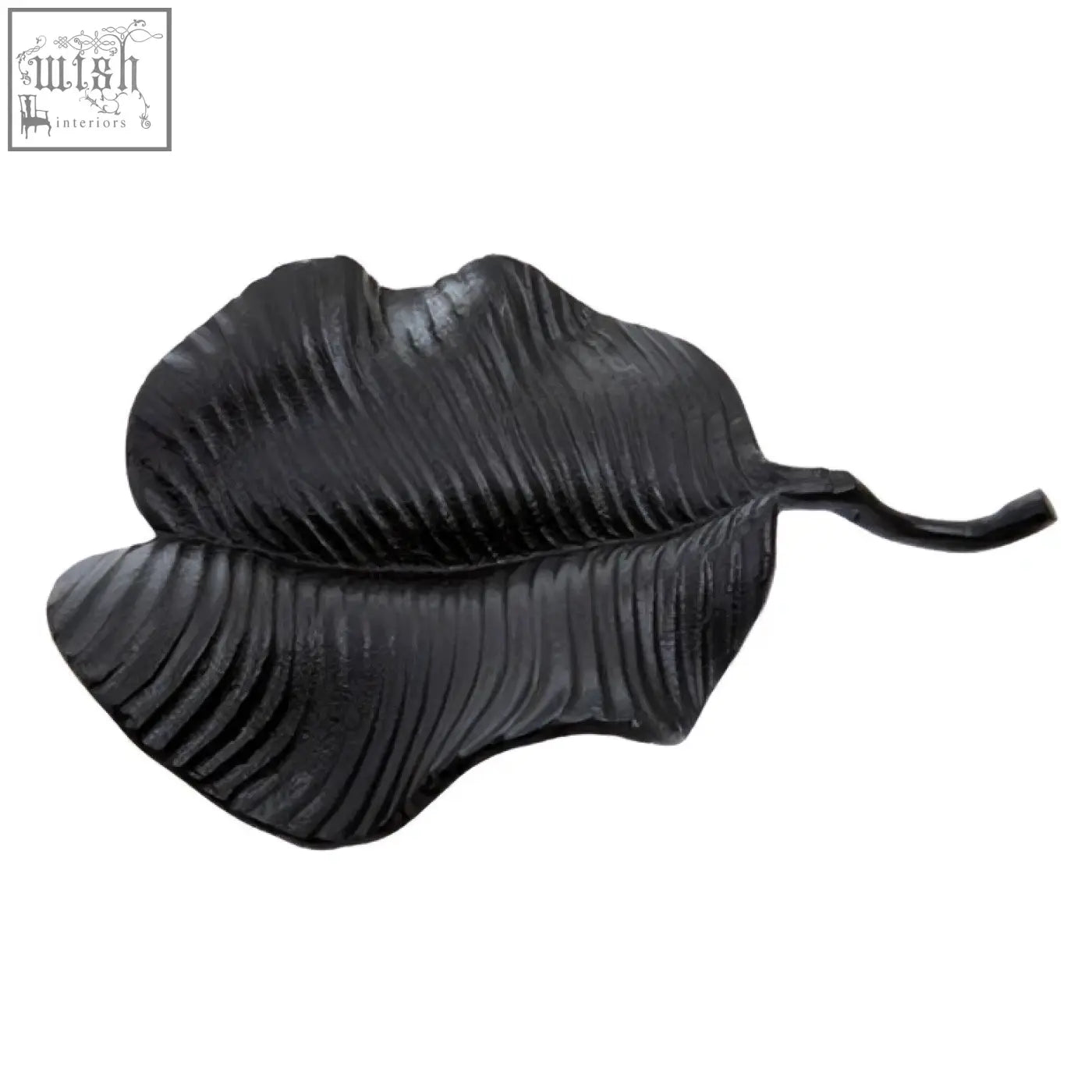 Prato black finish leaf dish with black textured matte surface and detailed vein patterns for decoration