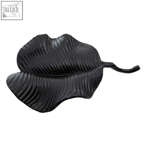 Prato black finish leaf dish with black textured matte surface and detailed vein patterns for decoration