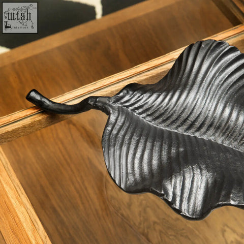 Prato black finish leaf dish cast iron serving tray with detailed vein patterns in black finish leaf dish style