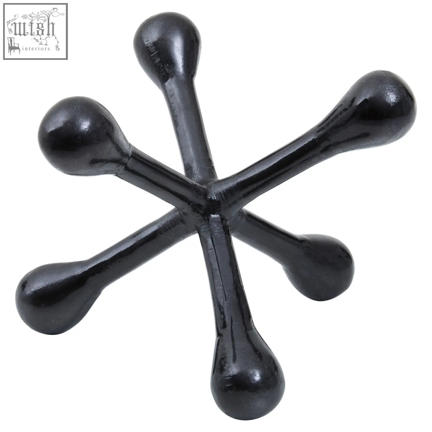 Prato black nickel finish jack sculpture with glossy black star shaped design and five symmetrical arms