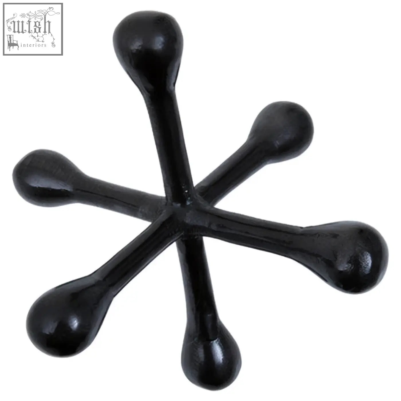 Black glossy plastic jack sculpture with six rounded arms in black nickel finish for stylish decor and massage use
