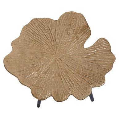 Gold-finished prato ginkgo small side table with leaf-shaped textured top and sleek black metal legs