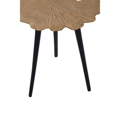 A prato ginkgo small side table with a gold-toned leaf shape textured surface and sleek black legs