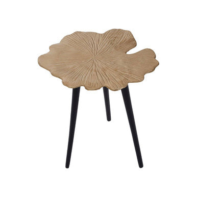A light brown leaf-shaped textured tabletop supported by three black legs on the prato ginkgo small side table