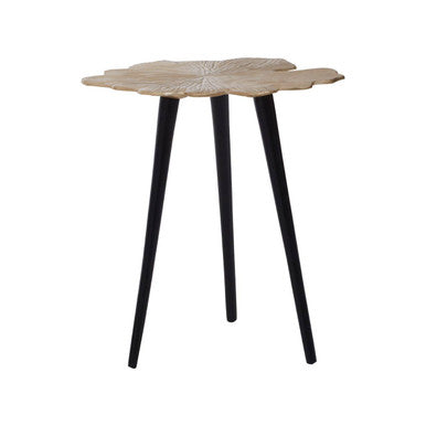 A prato ginkgo small side table with a light wood-toned leaf-shaped top and slender black legs with a textured surface