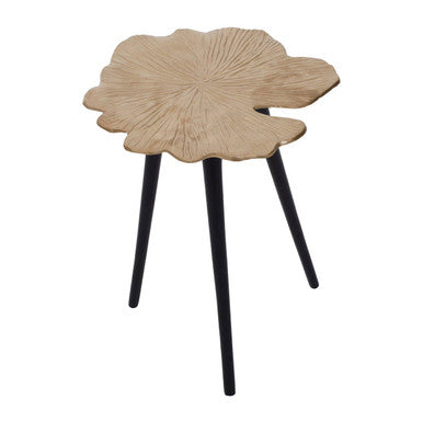 A light wood-toned leaf-shaped prato ginkgo small side table with three slender black legs for stylish use