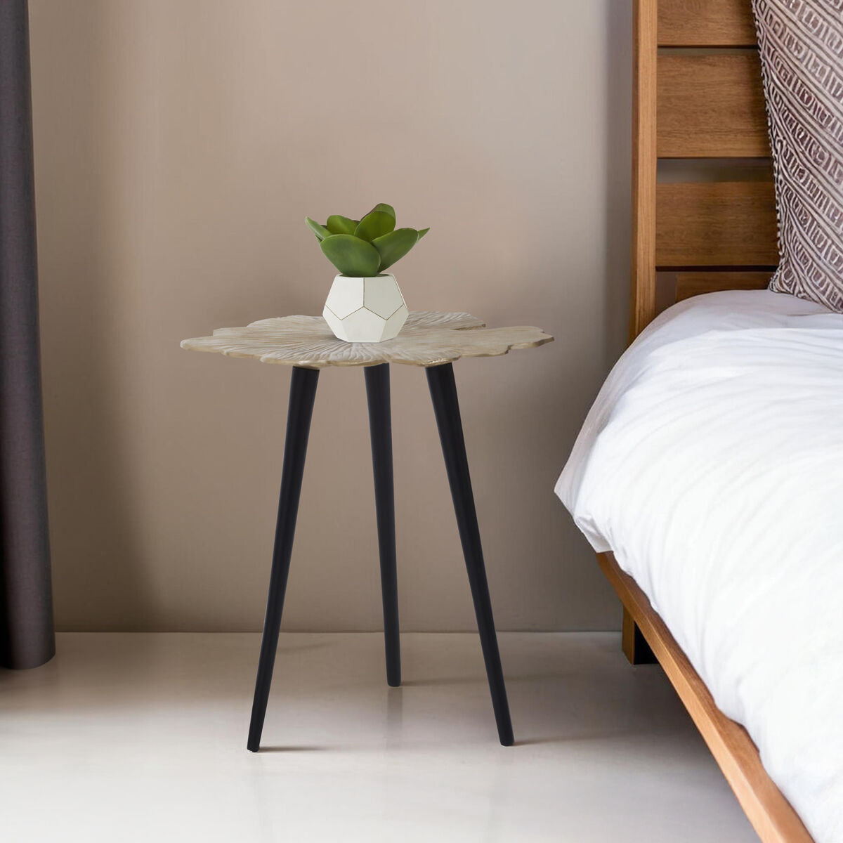 Prato ginkgo small side table with a light textured stone top and sleek black metal legs for minimalist spaces