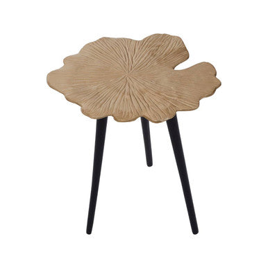 A prato ginkgo small side table with a light brown leaf shaped wooden top and sleek black metal legs