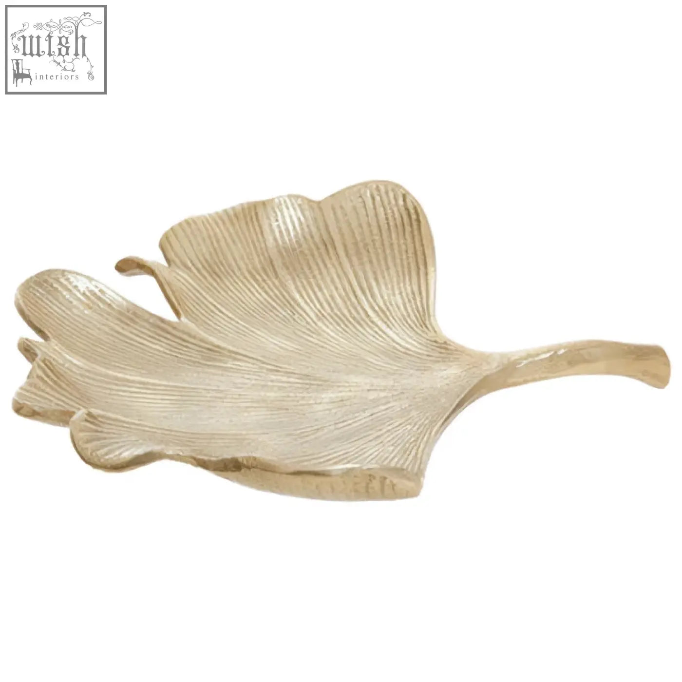 A delicate metallic ginkgo leaf tray with intricate veins and an antique gold finish perfect for serving or decor