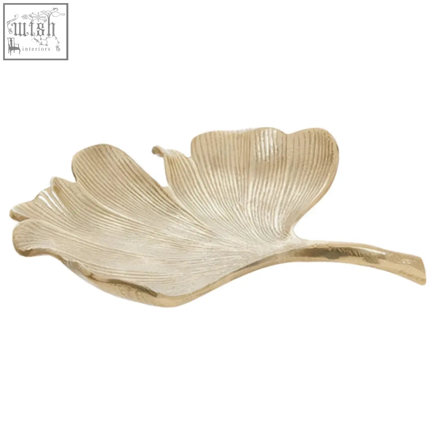 Delicate metal ginkgo leaf tray with intricate veins and brushed antique gold finish perfect for decorating or serving