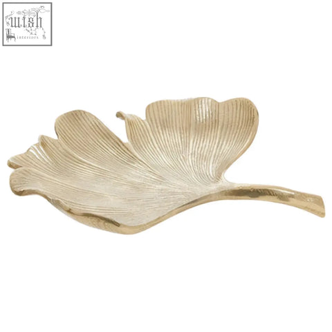 Delicate metal ginkgo leaf tray with intricate veins and brushed antique gold finish perfect for decorating or serving