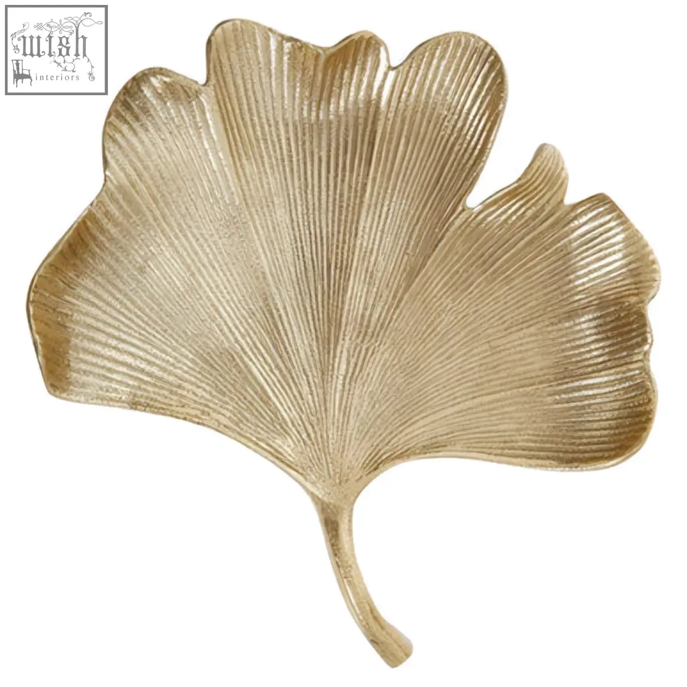 Gold-colored metallic ginkgo leaf decorative tray with textured ribbed surface and antique gold finish for stylish display