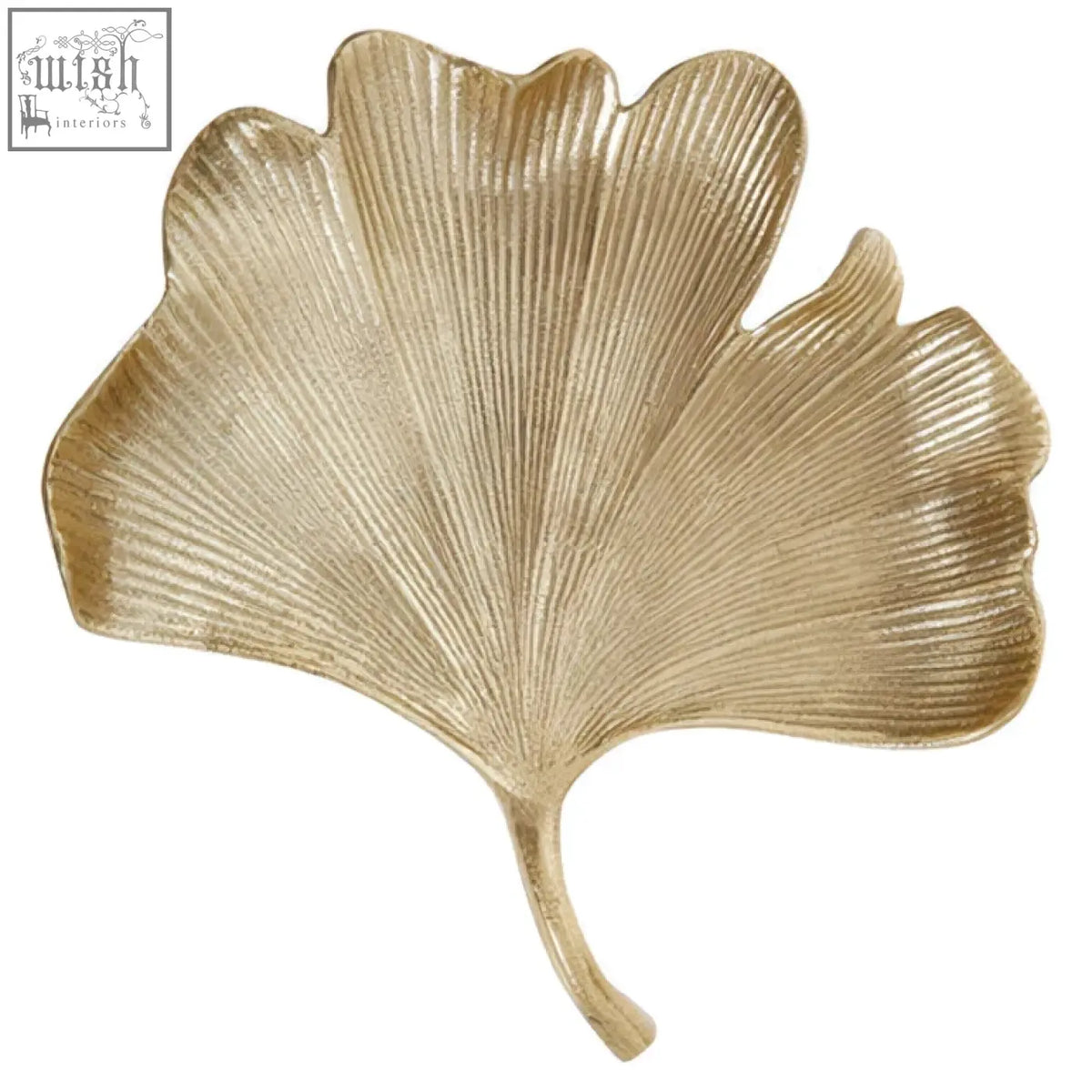 Gold-colored metallic ginkgo leaf decorative tray with textured ribbed surface and antique gold finish for stylish display