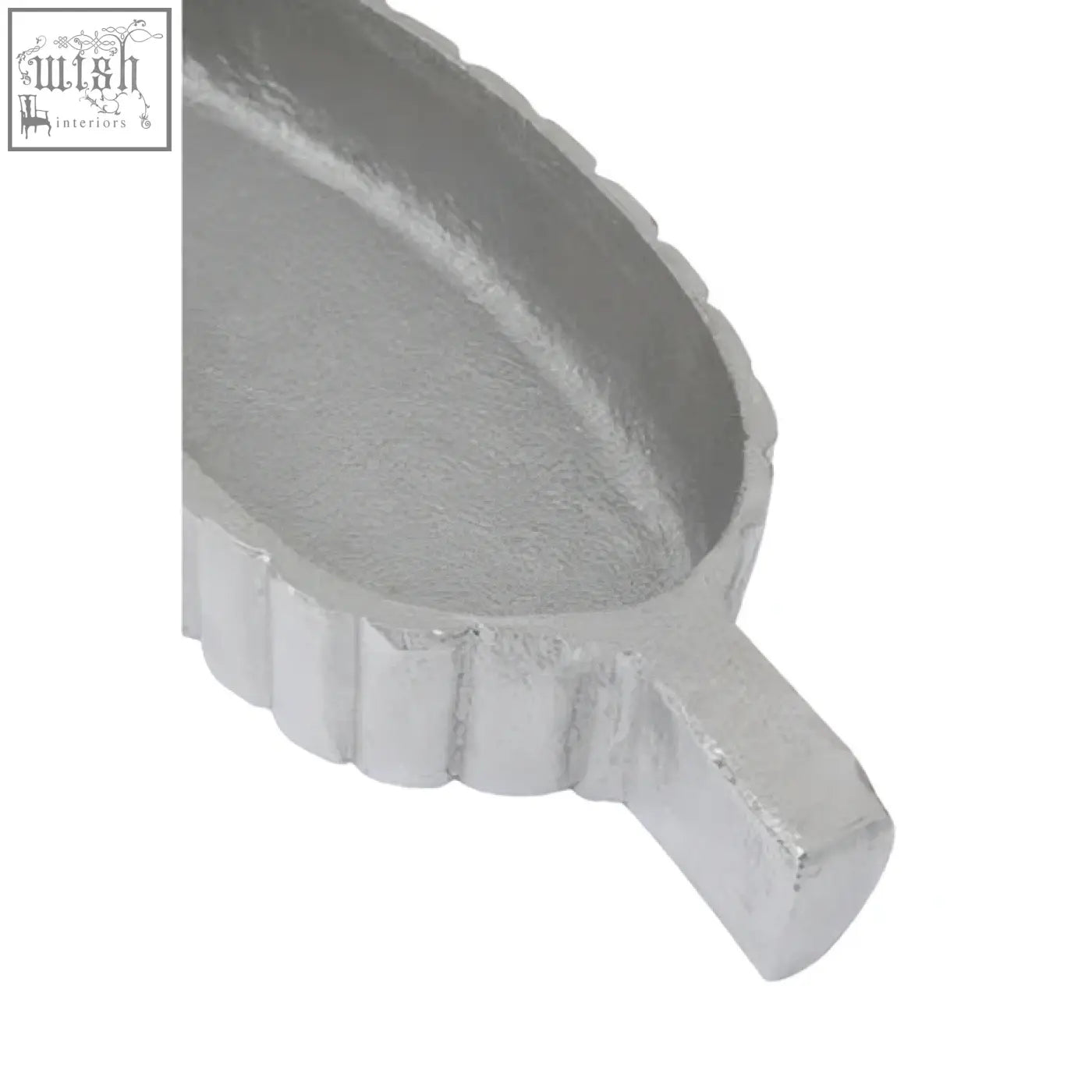 Silver plume box leaf shaped serving dish with textured metallic finish and small handle for elegant serving