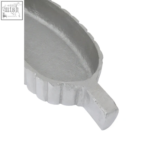 Silver plume box leaf shaped serving dish with textured metallic finish and small handle for elegant serving