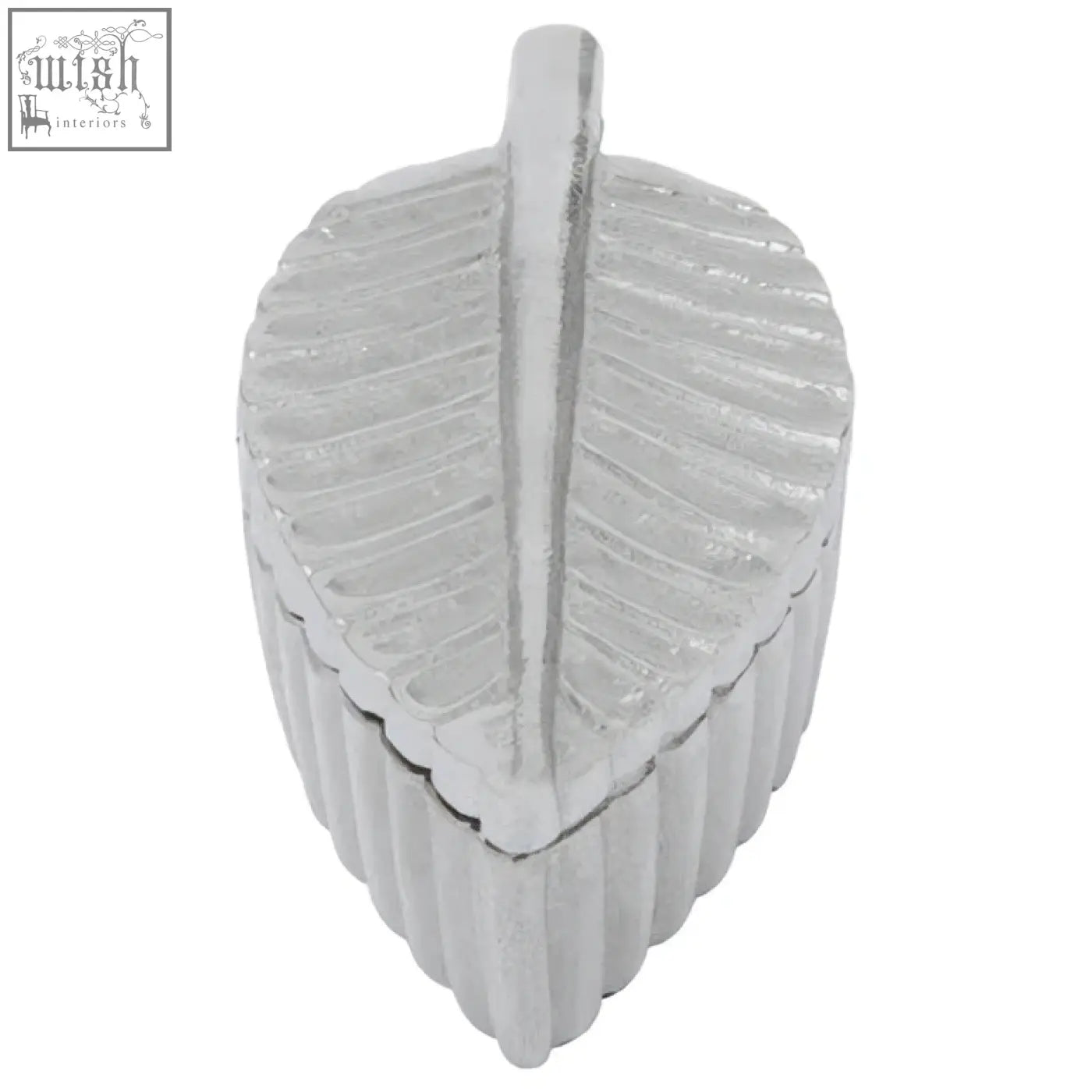 Silver plume box shaped like a leaf with a ribbed textured surface and central ridge in prato silver finish
