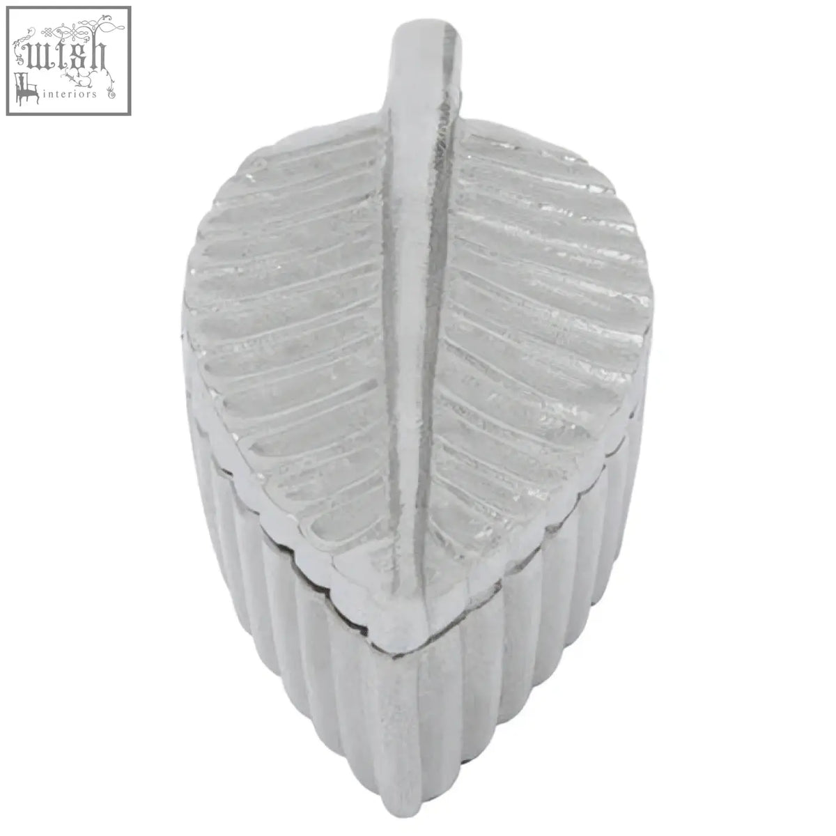 Silver plume box shaped like a leaf with a ribbed textured surface and central ridge in prato silver finish