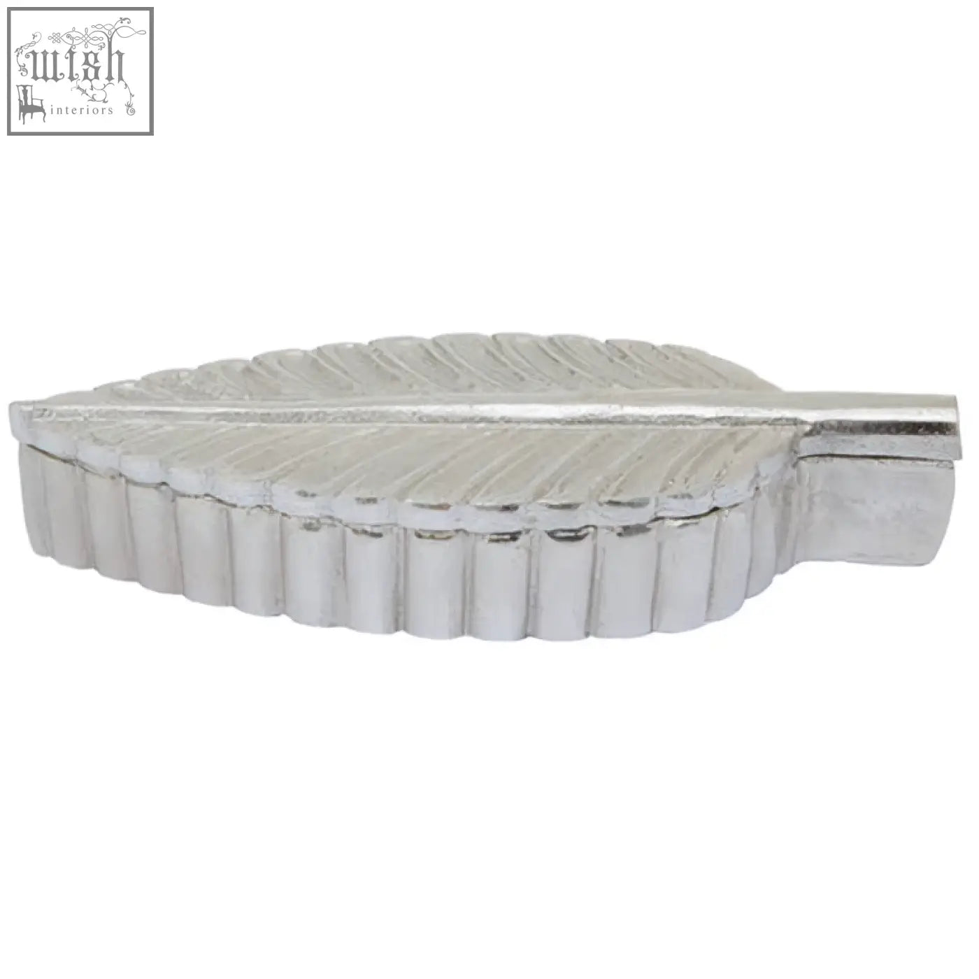 Silver plume box drawer pull in metal shaped like a leaf with embossed veins and a polished silver finish