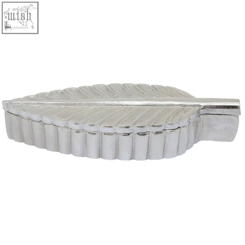 Silver plume box drawer pull in metal shaped like a leaf with embossed veins and a polished silver finish