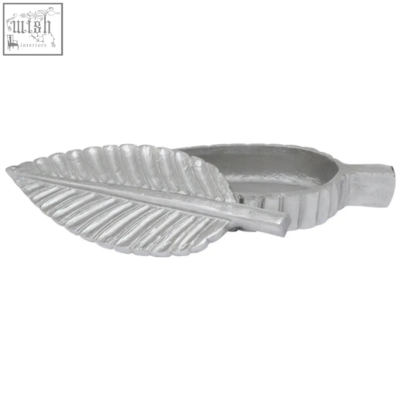 Silver plume box ashtray shaped like a textured leaf with a silver finish and rectangular base for stylish use